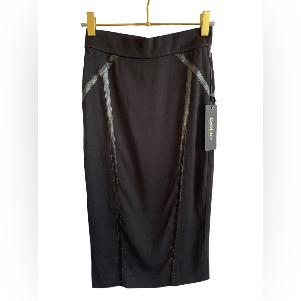 BEBE Vinyl Stripe Pencil Midi Black Skirt NWT SZ 0